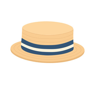 Soft flat vector straw boater hat with navy striped ribbon for summer fashion.