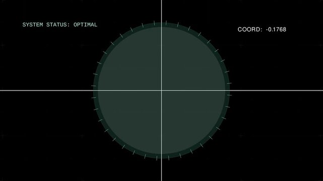 Futuristic digital radar screen display with changing coordinate data tracking motion.