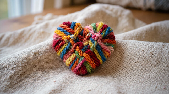 Hand-crocheted heart shape displays rainbow yarn colors. Vibrant threads form a textured, colorful design. It sits on a soft beige fabric surface. Gentle folds frame the yarn heart