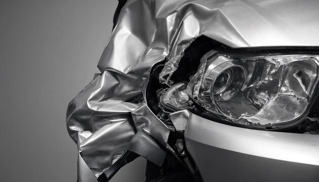 Close up view of severe front end collision damage and a smashed headlight on a silver car