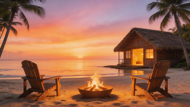Beachside hut with chairs and fire pit at sunset