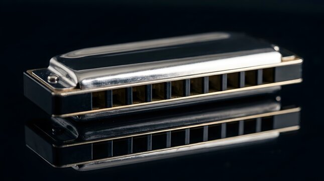 Closeup of a shiny silver harmonica on a reflective dark surface.