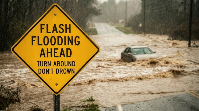 Severe weather disaster showing rapid onset flash flooding with a car submerged in water.