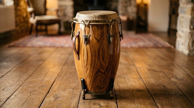 Closeup of a single conga drum standing on a wooden floor in a warmly lit room.