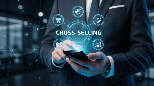 Strategic businessman using digital technology to manage cross-selling and revenue growth.