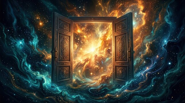 An abstract art depiction of a mystical open door within a dreamlike fantasy world.
