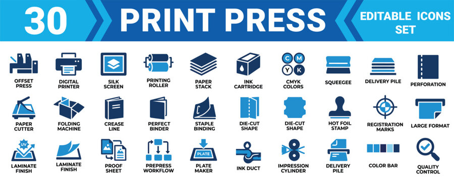 Set of 30 professional print press and printing production editable vector icons for graphic design Minimal solid icon set bundle collection. Editable Vector Illustration Mega pack