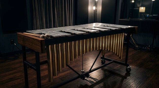 Vibraphone Musical Instrument with Golden Tubes and Mallets on Stage.
