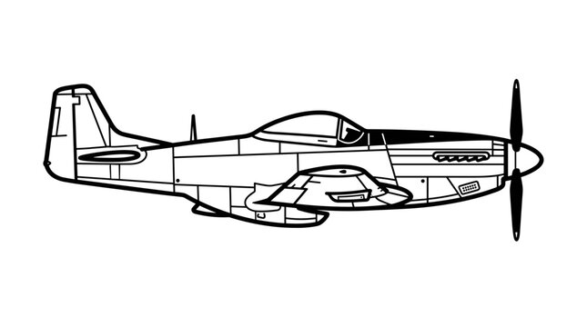 Classic P51 Mustang Fighter Airplane Line Drawing.