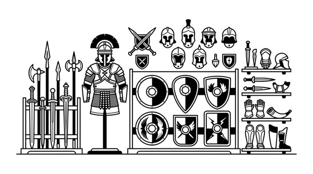 Collection of Ancient Roman Warrior Armor and Weapons.