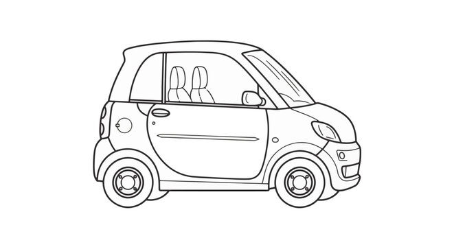 Minimalist line art illustration of a compact two-seater microcar in side profile. Black and white outline drawing of a small city vehicle on a plain white background.