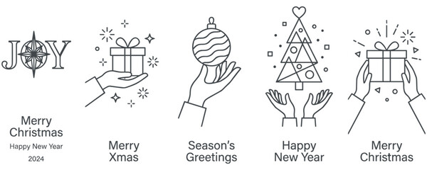 Minimalist christmas holiday greetings with hands holding ornaments. © Amina