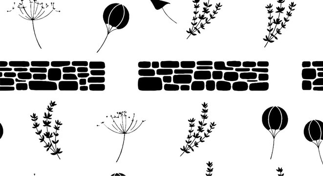 Black and white botanical and brick pattern design.