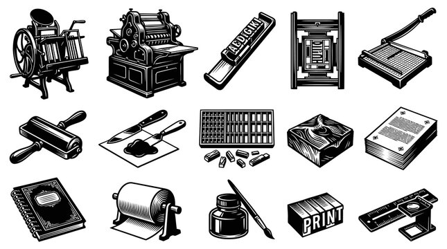 Vintage Printing and Typography Engraving Set - Black and White Retro Publishing and Bookmaking Tools