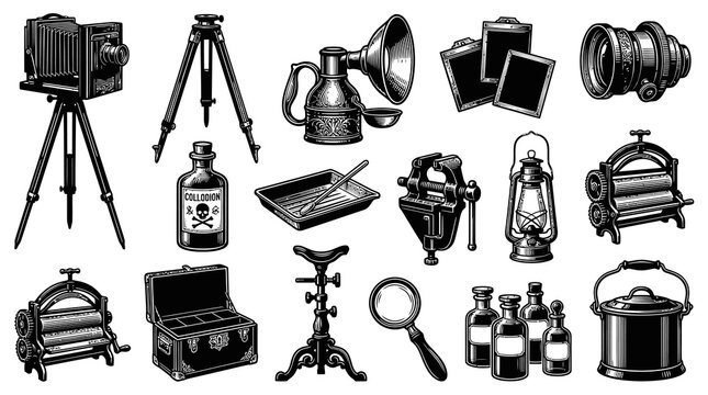 Vintage Photography  Darkroom Equipment Collection. Antique Camera, Tripod, Tools in Engraving Style.