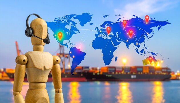 A wooden mannequin wearing headset sits before busy port with cargo ship, containers, and cranes, overlaid digital world map glowing red, symbolizing global trade connectivity.