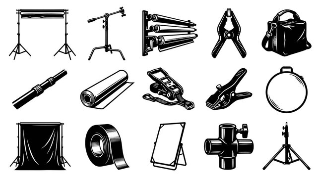 Photography Studio Equipment Black and White Line Art Icons Set - Professional Gear Collection