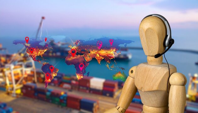 A wooden mannequin wearing headset sits before busy port with cargo ship, containers, and cranes, overlaid digital world map glowing red, symbolizing global trade connectivity.