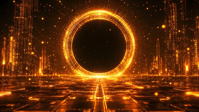 Illustration of a giant golden ring portal in a futuristic digital city with falling data. Sci fi concept for space travel, teleportation, and advanced human civilization themes.