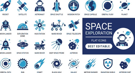 Set of flat icons for space exploration featuring rockets astronauts and planets for science design Vector, illustration © PICTURE GALLERY