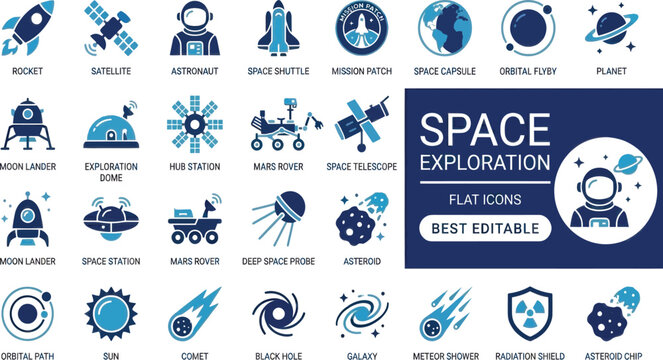 Set of flat icons for space exploration featuring rockets astronauts and planets for science design Vector, illustration