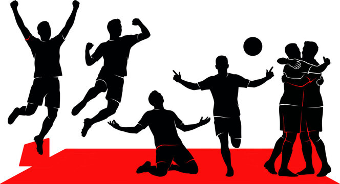 Soccer players celebrating victory silhouettes with ball on red platform