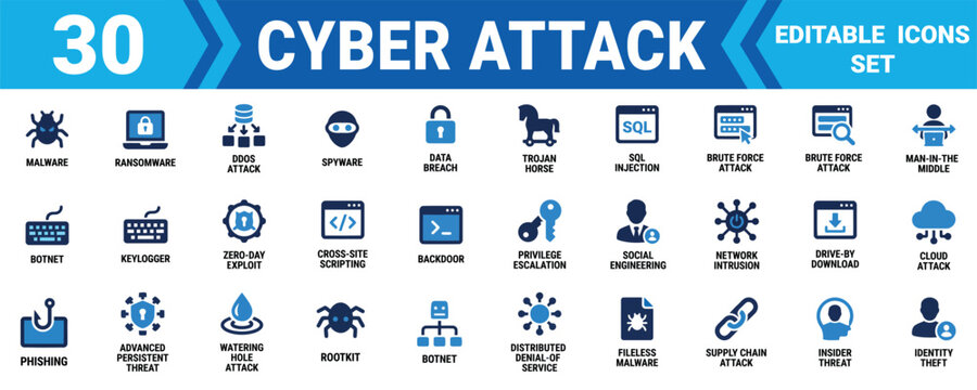 Set of 30 cyber attack icons featuring malware ransomware phishing and network security threat symbols Minimal solid icon set bundle collection. Editable Vector Illustration Mega pack