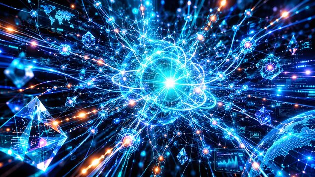 Illustration of a glowing blue global network with interconnected data nodes and maps. High tech visual for international logistics, world wide web, and global trade ads.