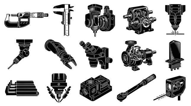 Industrial Manufacturing and Mechanical Engineering Tools Equipment Black and White Vector Illustration