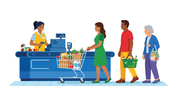 People queuing at supermarket checkout counter with cashier