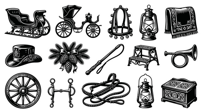Black  White Engraving Style Vector Art: Vintage Historical Objects Set for Equestrian, Travel  Holiday Themes