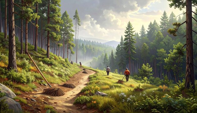 Misty forest path winding through dense evergreen trees.