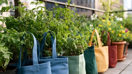 Naklejka premium A tranquil view of an eco friendly urban rooftop garden featuring colorful reusable bags promoting a sense of calm and nature