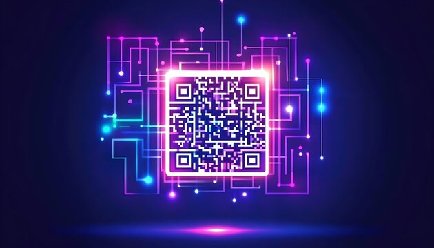 Neon qr code interface with glowing digital circuit lines on dark blue background technology design.