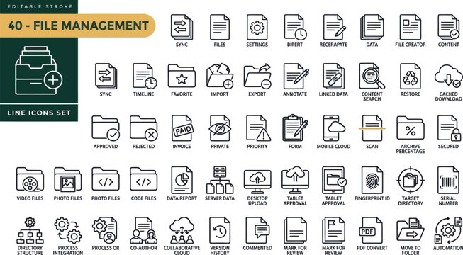 Set of forty file management line icons for business document storage and digital folder organization Vector, illustration