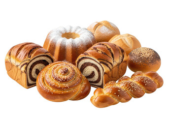 Fototapeta premium A delicious assortment of assorted fresh bakery including braided bread, chocolate swirls, buns, and a bundt cake on black background