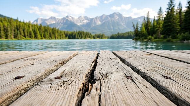 Wooden dock overlooking a beautiful mountain lake landscape 