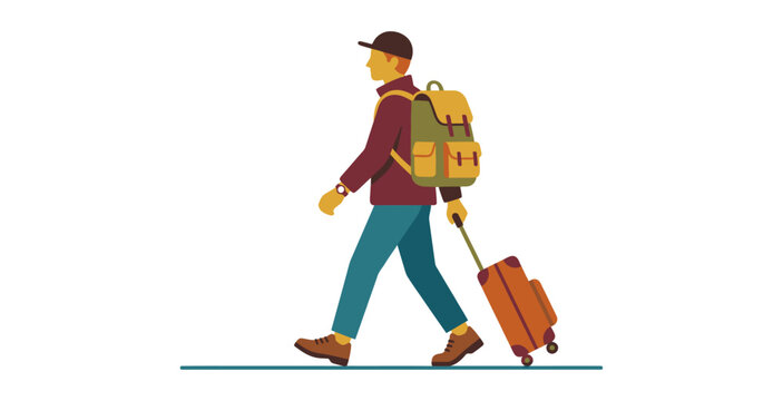 Flat Design Traveler Walking with Luggage and Backpack
