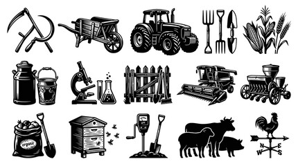 Obraz premium Farm Icons Set Black and White Vector Graphics for Agriculture and Rural Life