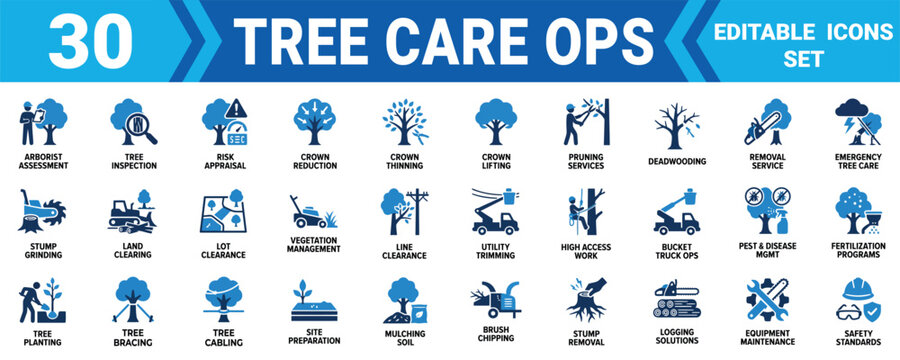 Set of 30 tree care operations icons showing professional arboriculture maintenance services and equipment Minimal solid icon set bundle collection. Editable Vector Illustration Mega pack