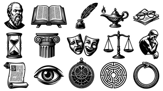 Black and White Icons of Philosophy, Knowledge, and Wisdom Symbols Vector
