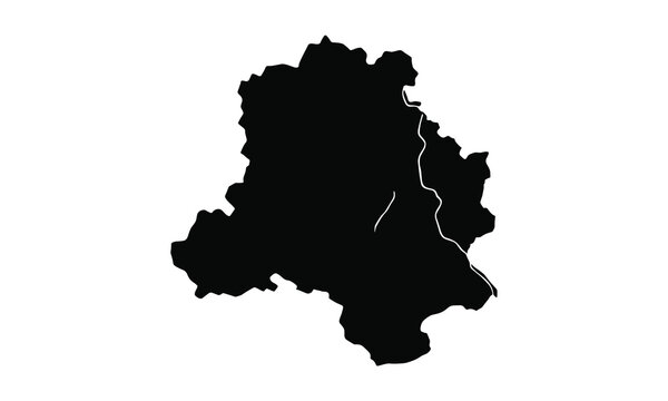 Black silhouette vector map of Delhi, India territory featuring the Yamuna river outline, perfect for geographic and administrative design projects.