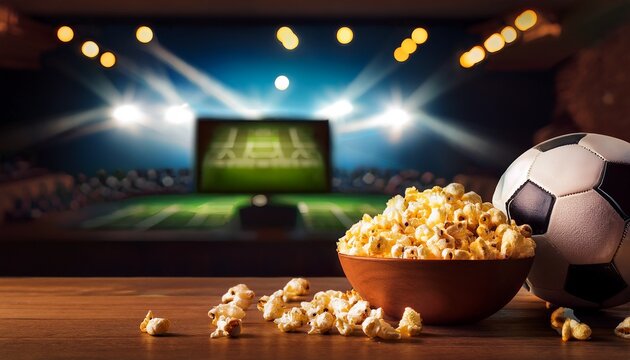 a bowl of popcorn and a soccer ball are on a wooden table with a football match playing on a tv in the background of a dimly lit room