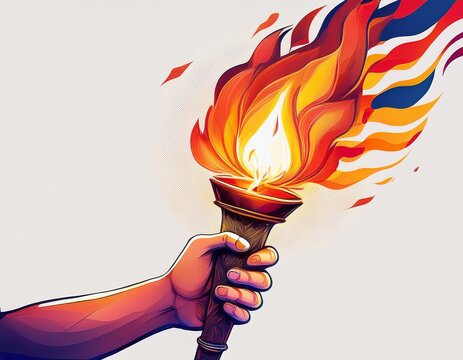 hand of athlete holding a torch with the flame sporty modern light abstract colorful art style white background of the eiffel tower olympic sport games concept banner