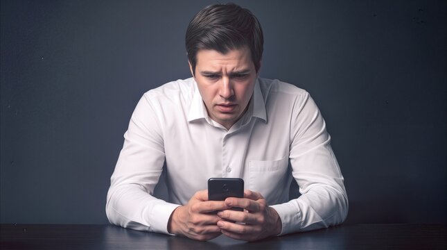 Worried office worker looking at smartphone screen with concerned expression. Caucasian man in white shirt receiving bad news or reading negative message.