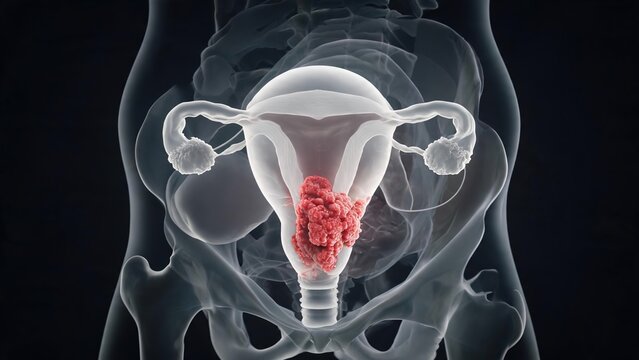 Gynecological anatomical artwork presenting malignant cervical tumor lesions and cervical cancer tissues, pelvic scan graphic for gynecology oncology clinical diagnosis and screening study