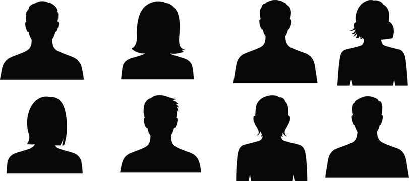 Default profile avatar icon set with black silhouettes of male and female user headshots isolated on white background