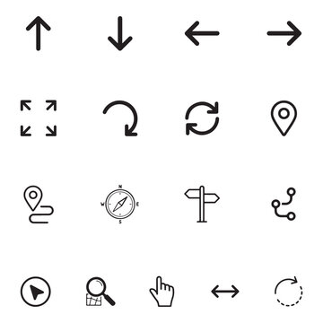 Navigation and directional arrows, map pointers, compass, signpost, search, cursor, refresh, zoom