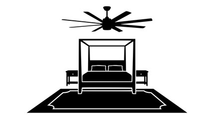Naklejka premium Bedroom Interior Silhouette with Canopy Bed and Ceiling Fan