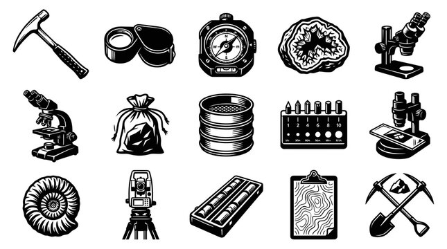 Vintage Black and White Geology and Mining Tools Icons Set. Earth Science Exploration Instruments Collection